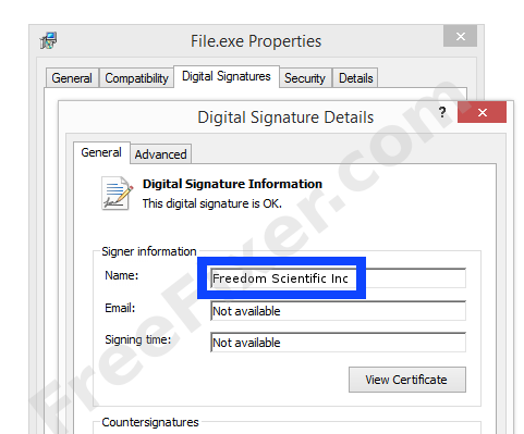 Screenshot of the Freedom Scientific Inc certificate